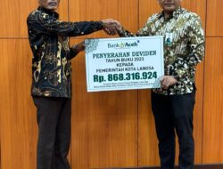 Pemerintah kota Langsa menerima pembagian dividen atau laba pemegang saham dari PT Bank Aceh Syariah Cabang Langsa sebesar Rp. 868.316.924 untuk tahun buku 2023.