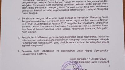 Tak Hanya Kuta Blang, Gampong Batee Tunggai Samadua Juga Cabut Rekomendasi Tambang untuk PT Empat Pilar Bumindo