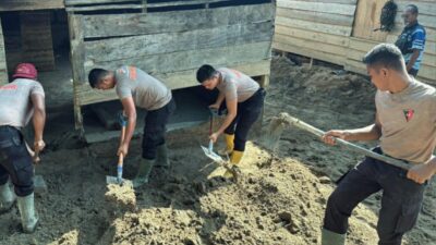 Menguatkan dari Puing Bencana, Brimob Sumut Gotong Royong Pulihkan Rumah Warga dan Fasilitas Ibadah di Batang Toru