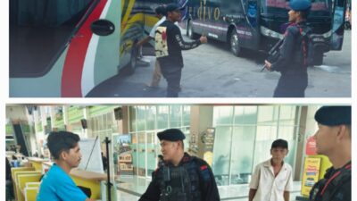 Brimob Polda Sumut Siaga Awasi Arus Mudik Balik di Terminal Amplas