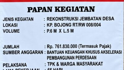 Anggaran Rp761,8 Juta Dialokasikan untuk Rekonstruksi Jembatan Desa Bojong, Kades Ade Nurdiana: Pastikan Berkualitas dan Tahan Lama